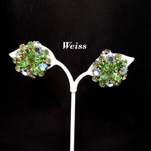 Vintage Weiss Peridot Green AB Rhinestone Clip Earrings Uranium Glass